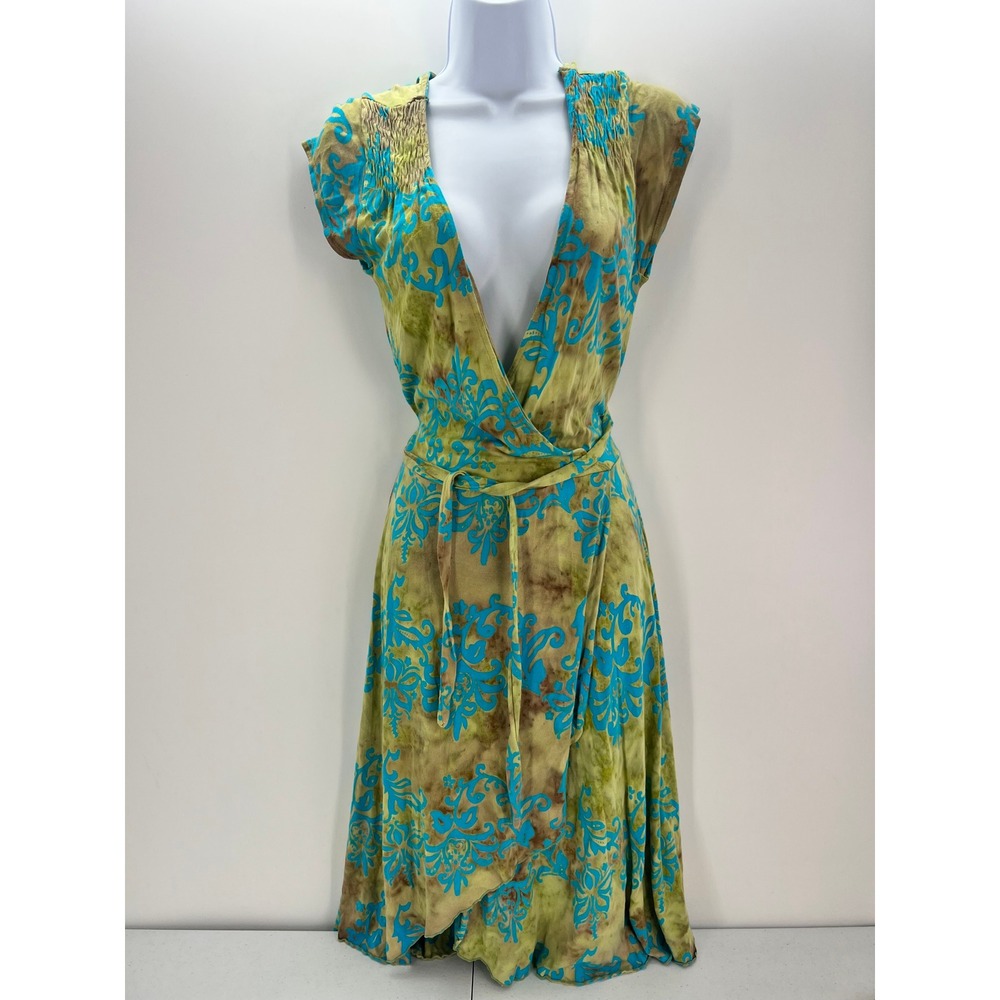 Santiki Womens Batik Wrap Dress Green Blue Damask Smocked V-Neck Rayon Large